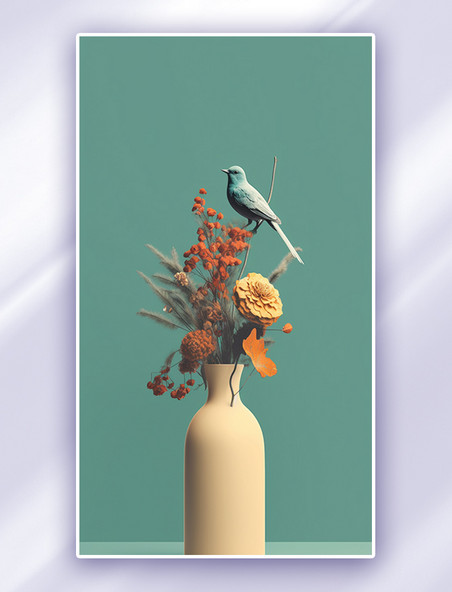 简约莫兰迪色系花瓶壁和小鸟背景