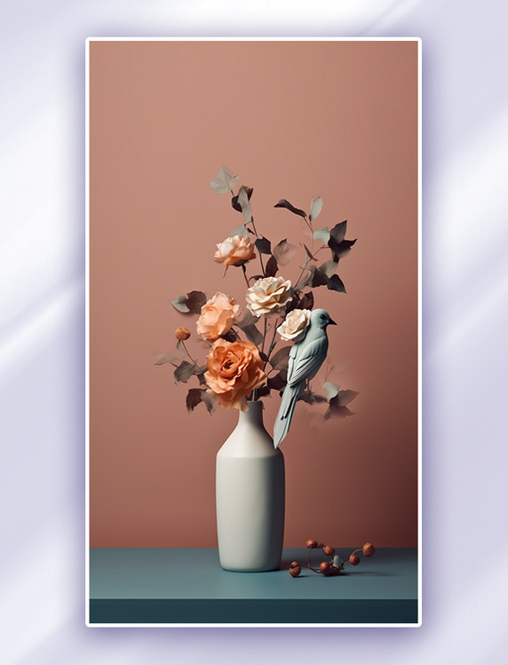 简约壁纸莫兰迪色系花瓶和小鸟背景