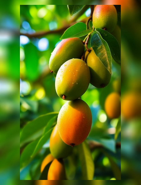 树上青涩新鲜芒果摄影图
