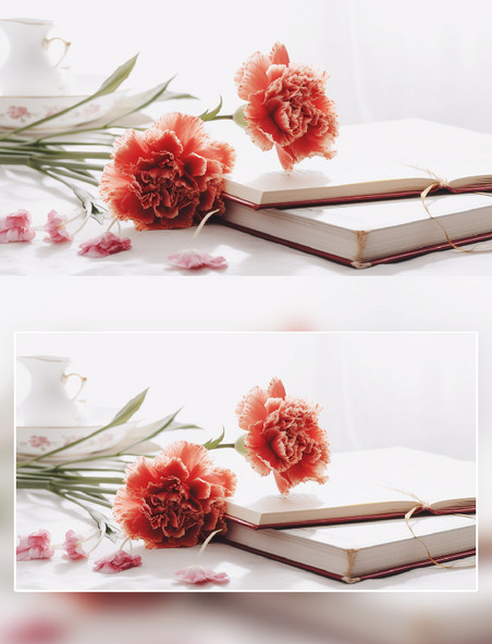 康乃馨花朵书本茶具摄影