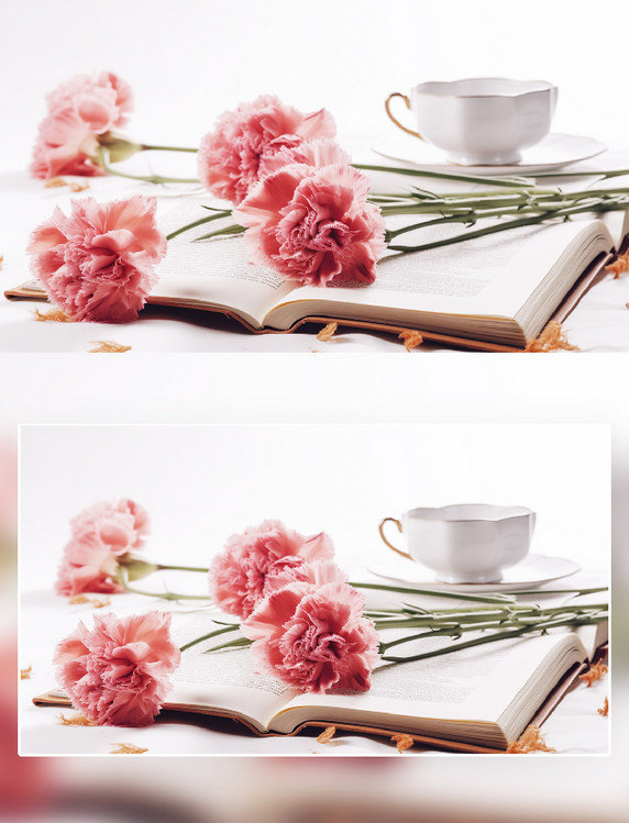 粉色康乃馨花朵花卉书本茶具摄影