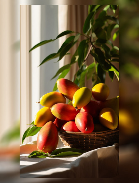 阳光桌面成熟新鲜芒果商业摄影图