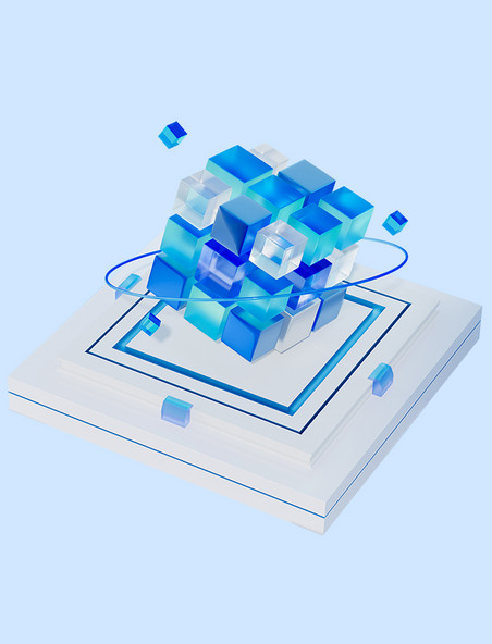 蓝色3D透明玻璃科技图标B端高级元素群组大数据模型