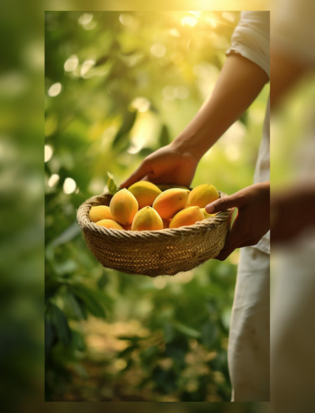 采摘农园框装成熟新鲜芒果商业摄影图