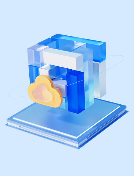 蓝色3D透明科技商务图标玻璃微软风元素云端模型