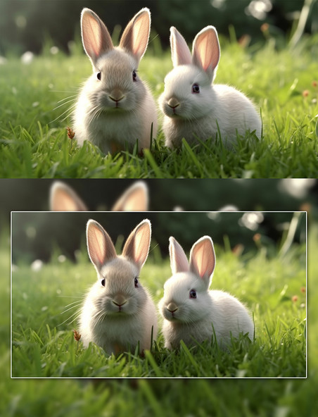 草坪中家禽两只小兔子