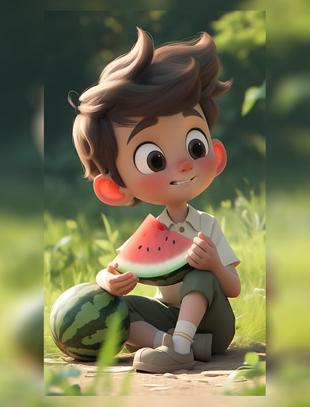 风格卡通小男孩吃西瓜夏天夏季