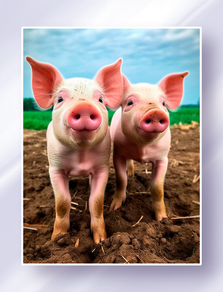 蓝天草地的农场里站着两头小猪正面摄影家禽动物畜牧业