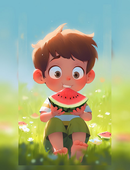 卡通小男孩吃西瓜夏天夏季