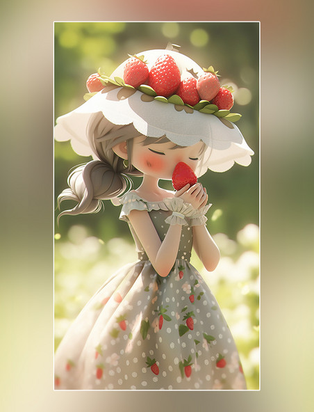 夏日立夏凉爽清爽粉色草莓女孩皮克斯潮流小孩手里拿着一个草莓大暑小暑
