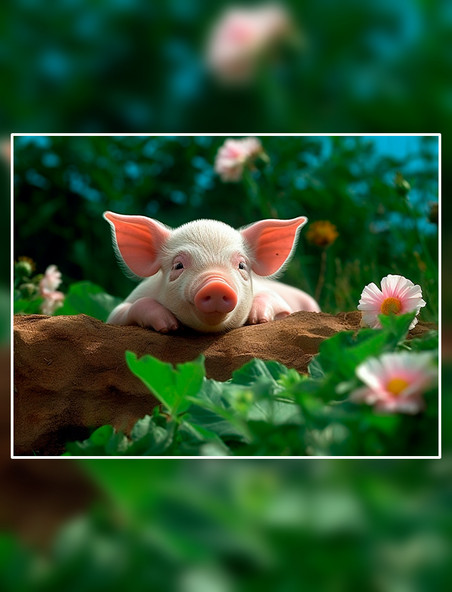 一头趴在农场土地上的可爱小猪鲜花绿叶摄影图家禽