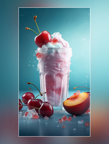 夏日一杯冰淇淋和雪盖奶昔饮料周围有水果和冰块桃子和樱桃草莓和葡萄水果糖产品摄影