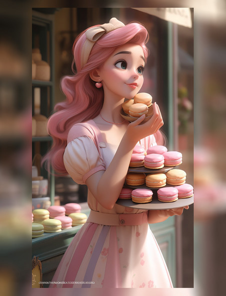 盘子粉色裙子头发蛋糕午后甜点公主卡通马卡龙IP人物美女