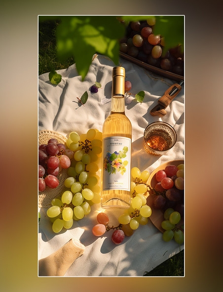 冷冻饮料产品摄影野餐鲜艳的颜色葡萄阳光普照的夏天公园草坪上摆放的白葡萄酒