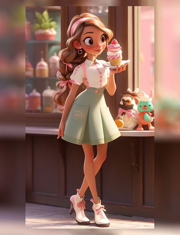 拿着蛋糕午后甜点公主卡通IP人物美女