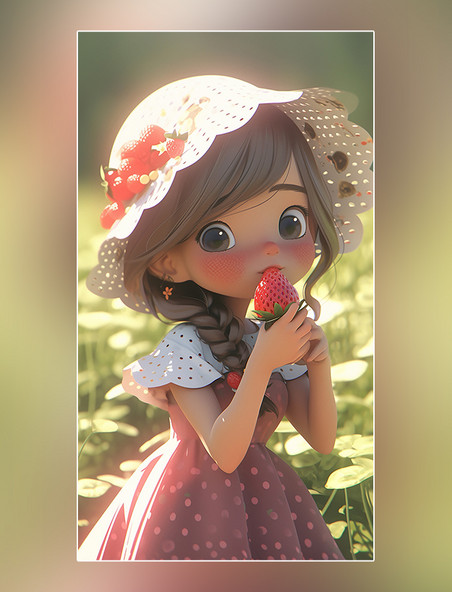 夏天夏日立夏凉爽清爽粉色草莓女孩皮克斯潮流小孩手里拿着一个草莓大暑小暑