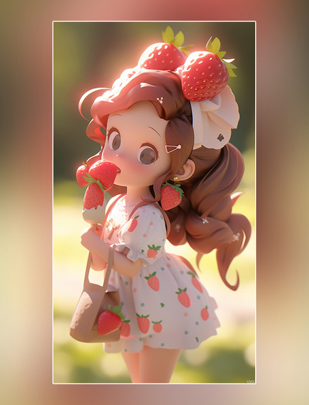 夏天夏日皮克斯潮流立夏凉爽清爽粉色草莓女孩小孩手里拿着一个草莓大暑小暑