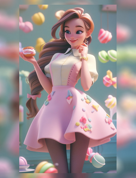粉色裙子蛋糕午后甜点公主卡通马卡龙IP人物美女