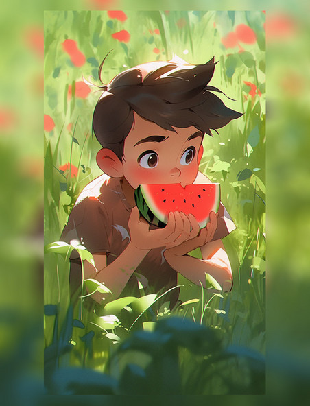 卡通可爱小男孩吃西瓜夏天夏季