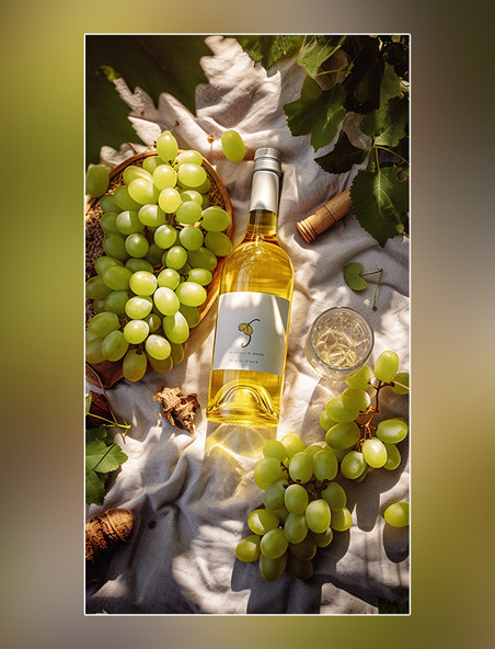 产品摄影野餐鲜艳的颜色葡萄阳光普照的夏天公园草坪上摆放的白葡萄酒