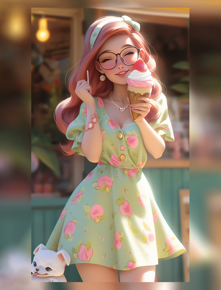 微笑粉色裙子蛋糕午后甜点公主卡通马卡龙IP人物美女