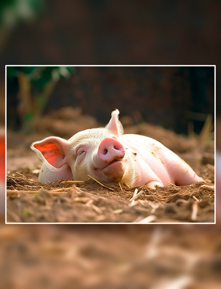 农场里一头躺在干草土地上的猪惬意的闭着眼睛家禽摄影