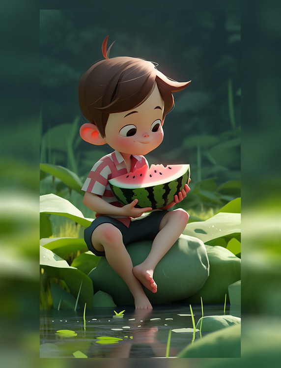 荷塘风格小男孩吃西瓜夏天夏季