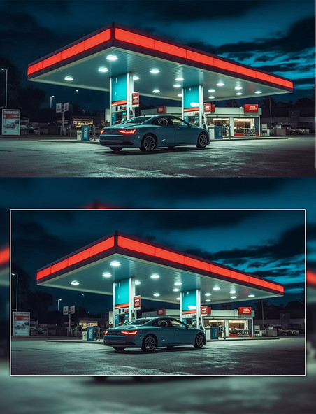 汽车加油站夜间场景