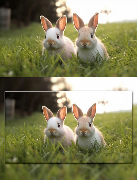 草坪中家禽两只可爱小白兔