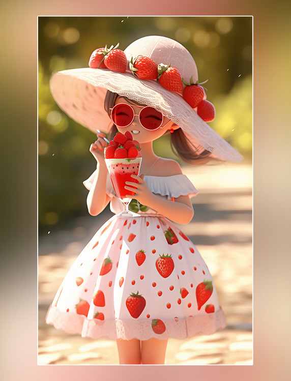 夏天夏日大暑小暑立夏凉爽清爽粉色草莓女孩皮克斯潮流小孩手里拿着一个草莓