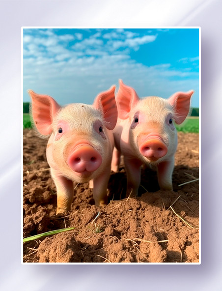 两头可爱的小猪仔站在农场农田的土地里家禽动物摄影畜牧业