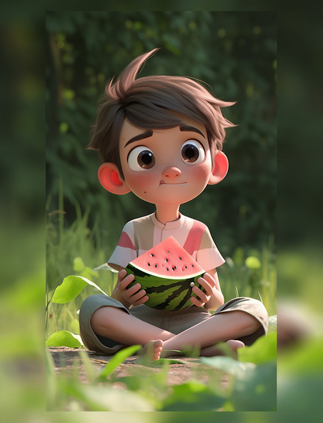 风格卡通小男孩吃西瓜夏天夏季