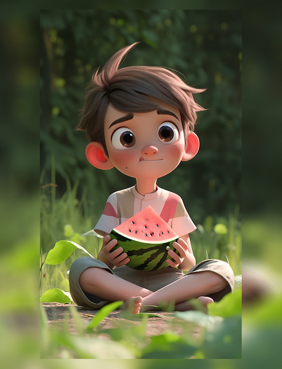 风格卡通小男孩吃西瓜夏天夏季