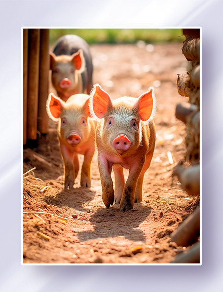 午后阳光下三只可爱的小猪走在农场的小路上家禽摄影图