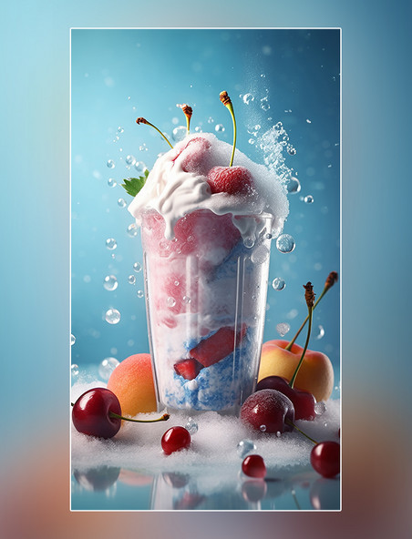一杯冰淇淋和雪盖奶昔饮料产品摄影周围有水果和冰块桃子和樱桃草莓和葡萄水果糖