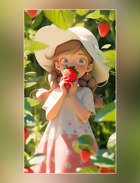 夏日立夏夏天粉色草莓女孩皮克斯潮流小孩凉爽清爽手里拿着一个草莓