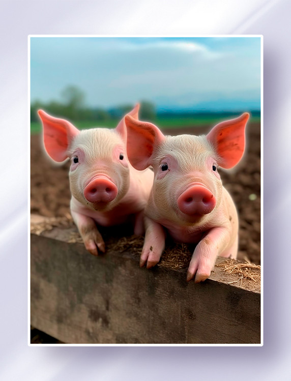 两头可爱的小猪趴在农场的木板围栏上看着远方摄影图家禽动物畜牧业