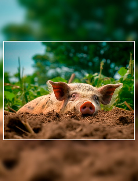 吃饱后一头老母猪趴在农场的土地上休息家禽动物摄影畜牧业