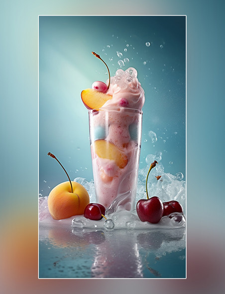 樱桃草莓和葡萄水果糖产品摄影一杯冰淇淋和雪盖奶昔饮料周围有水果和冰块桃子