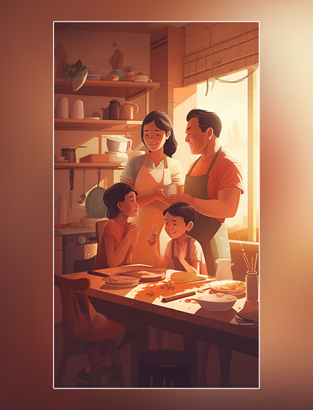 厨房烹饪亚洲妈妈和爸爸带着孩子们家里桌子冰箱卡通皮克斯卡通插图室内