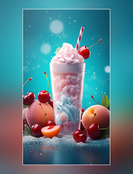 周围有水果和冰块桃子和樱桃草莓和葡萄水果糖一杯冰淇淋和雪盖奶昔饮料产品摄影