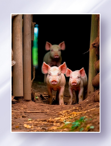 三只小猪在农场的木屋里正面摄影图家禽动物畜牧业