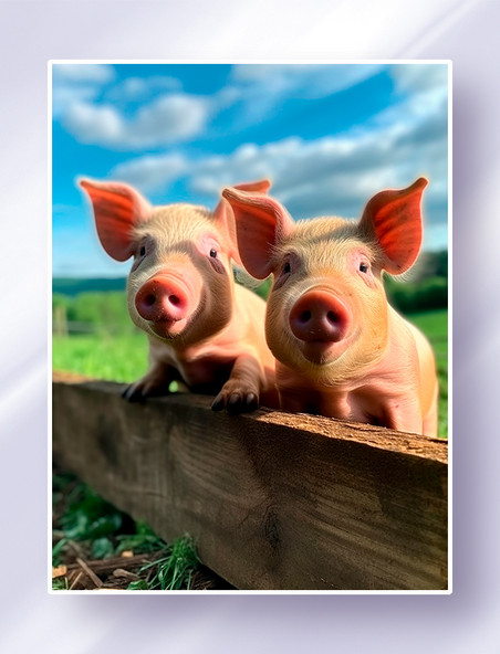 蓝天白云阳光下两头小猪趴在农场的围栏上看着镜头家禽摄影