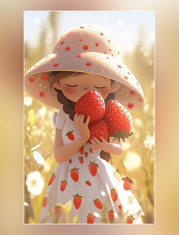 夏天粉色草莓女孩皮克斯潮流大暑小暑小孩凉爽清爽手里拿着一个草莓3d粘土材料
