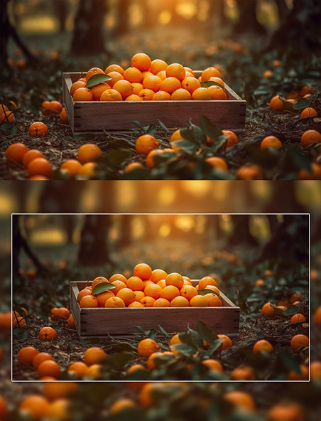果园木盘里装满橙子