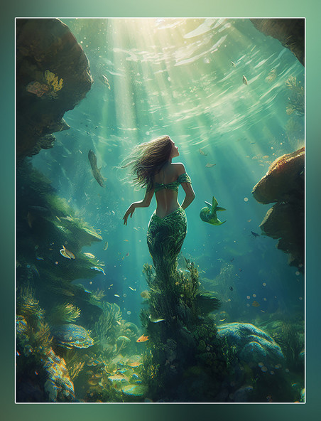 梦幻的美人鱼插图风格安徒生童话迷人阳光照射在海洋上