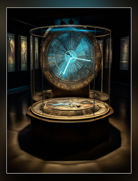 博物馆大厅未来主义科技感玻璃赛博朋克风格一个中国古代日晷的全息图像在玻璃展示架上展示