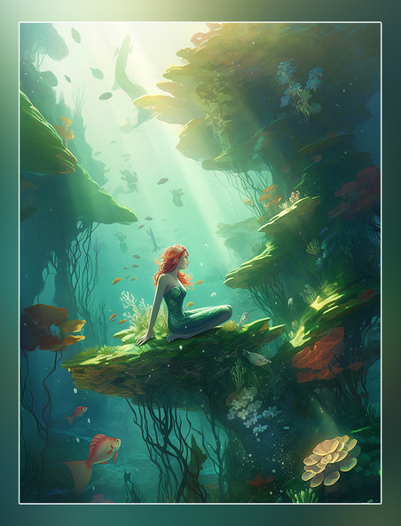 美人鱼插图风格迷人阳光照射在海洋上安徒生童话