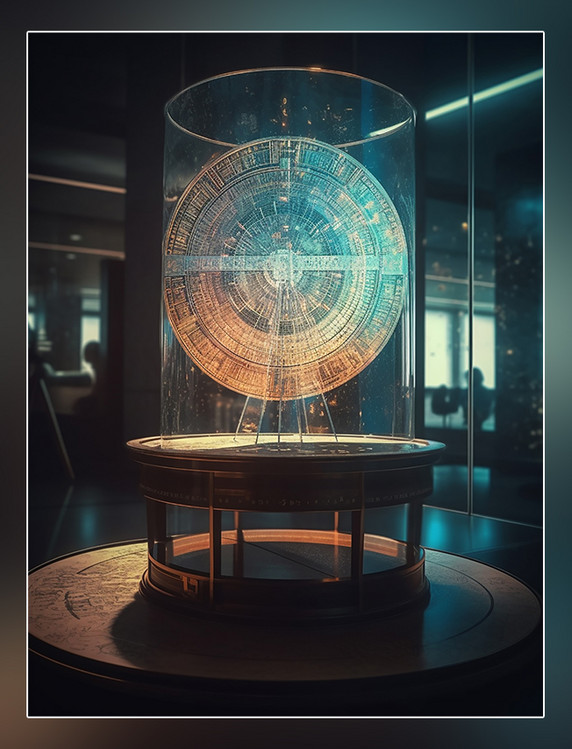 博物馆大厅一个中国古代日晷的全息图像在玻璃展示架上展示未来主义科技感玻璃赛博朋克风格
