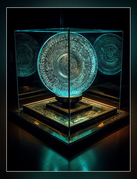 博物馆大厅一个中国古代日晷的全息图像在玻璃展示架上展示
